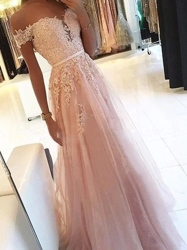 halter neck evening gown-Bridelily A-Line Off-The-Shoulder Sleeveless Floor-Length With Applique Tulle Dresses