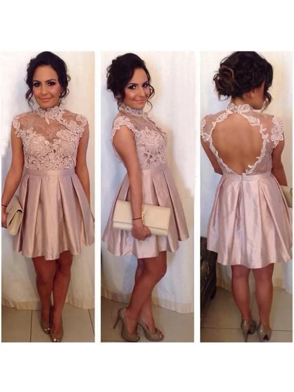 long sleeve evening dress-Bridelily A-Line Satin High Neck Sleeveless Short/Mini With Lace Prom Dresses