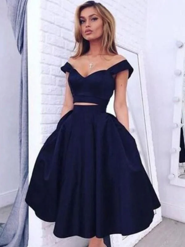 formal evening dress-Satin Off-the-Shoulder Sleeveless Knee-Length With Ruffles Dresses