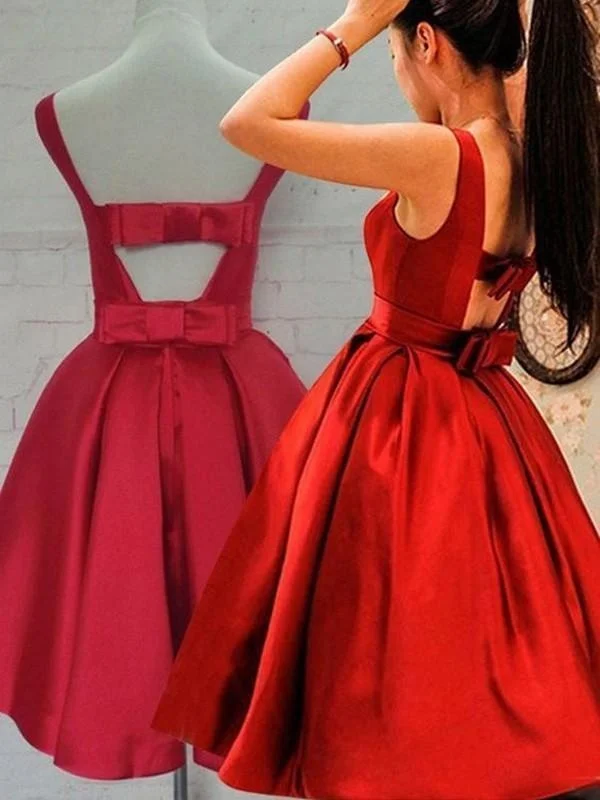 sweetheart neckline evening gown-Bridelily A-Line Satin Scoop Sleeveless Short/Mini With Sash/Ribbon/Belt Dresses