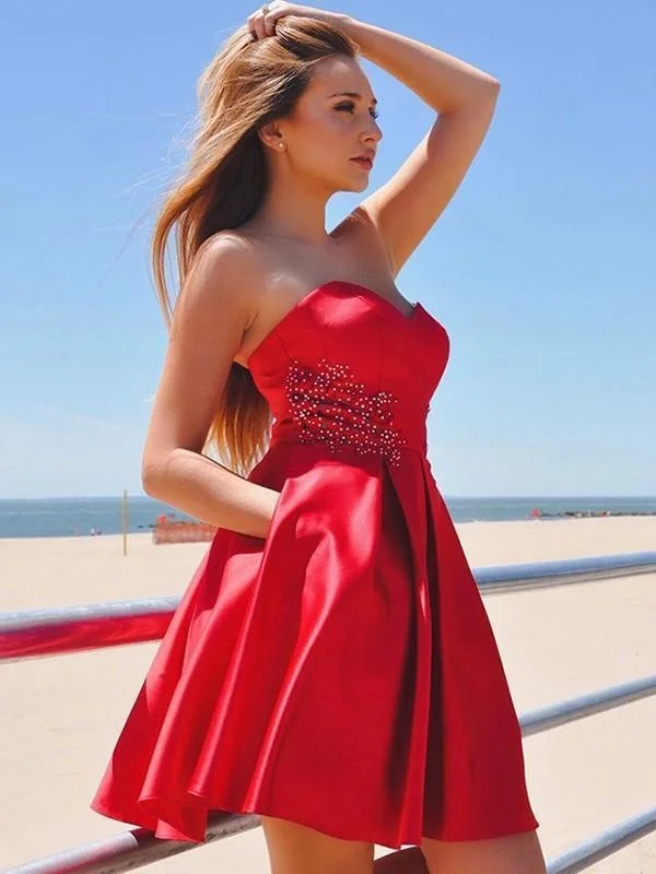 shimmering evening dress-Bridelily A-Line Satin Sweetheart With Ruffles Sleeveless Short/Mini Dresses