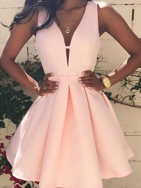 cap sleeve evening gown-Bridelily A-Line Satin V-neck Sleeveless Short/Mini Ruffles Prom Dresses