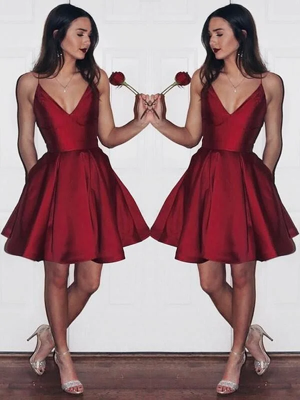 modest evening dress-Satin V-neck Sleeveless A-line Short With Ruffles Prom Dresses