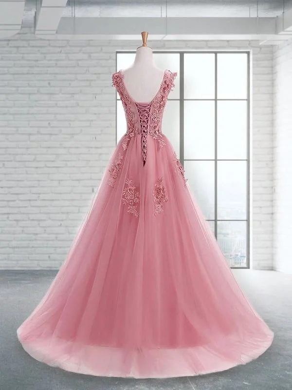 elegant formal evening dress-Scoop Sleeveless Floor-Length A-line With Applique Tulle Dresses