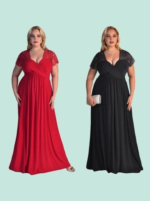 elegant lace overlay evening gown-Short Sleeves V-Neck Floor-Length Lace Chiffon Plus Size Dresses