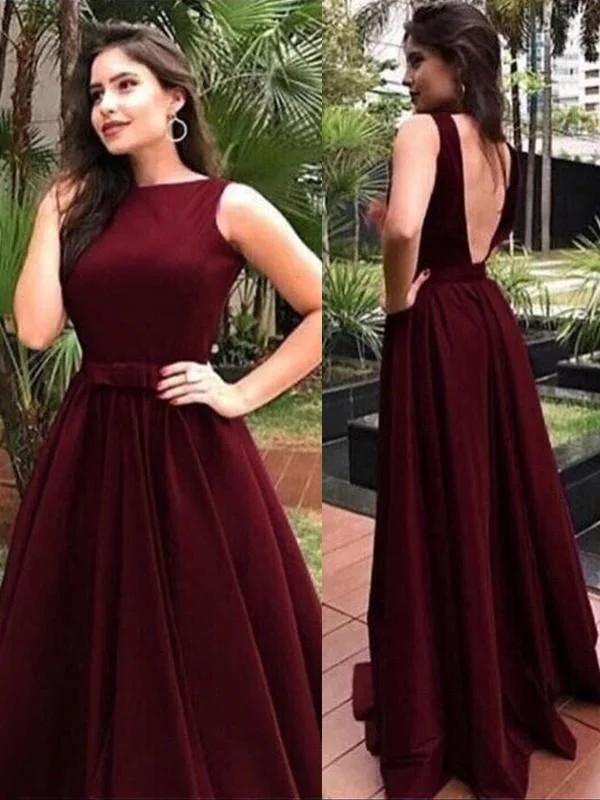 formal red evening gown-Bateau Floor-Length With Sash/Ribbon/Belt Elastic Woven Satin Dresses