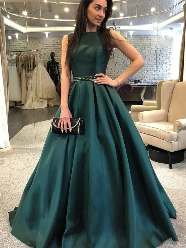 sleeveless tulle evening dress-Sleeveless Bateau Sweep/Brush A-line Train With Beading Satin Dresses