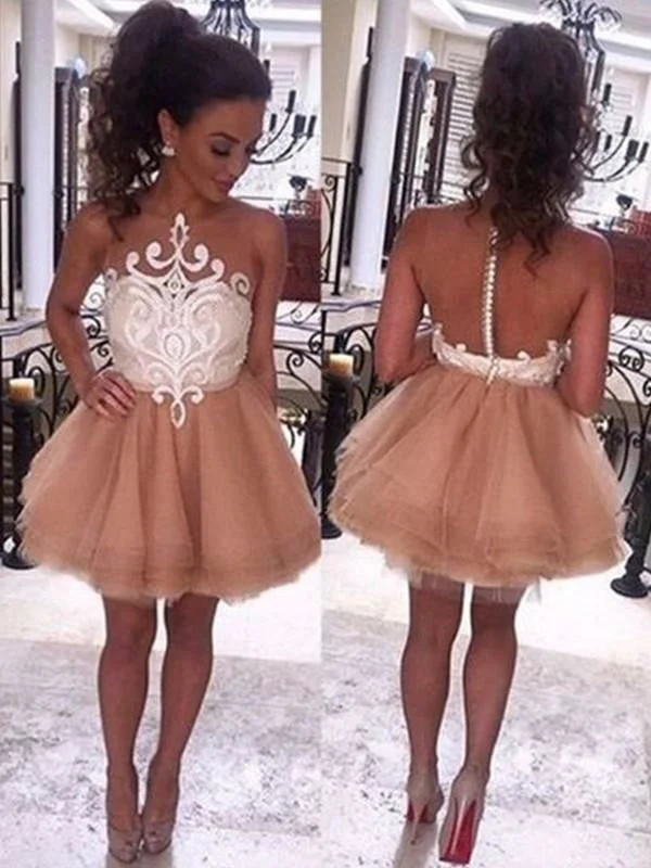 elegant lace overlay evening gown-Bridelily A-Line Sleeveless Bateau Tulle With Applique Short/Mini Prom Dresses