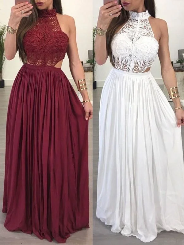 evening gown for formal events-Bridelily A-Line Sleeveless Halter Floor-Length Chiffon Lace Dresses