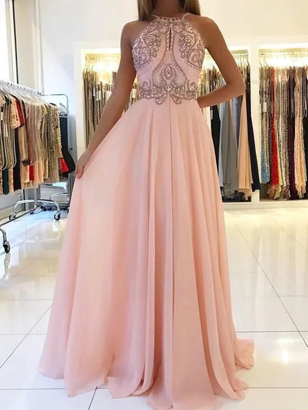 evening gown with crystals-Sleeveless Halter Sweep/Brush Train With Beading Chiffon Dresses