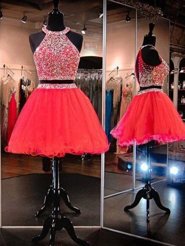 evening dress with beads-Bridelily A-Line Sleeveless Halter Tulle With Beading Short/Mini Two Piece Prom Dresses