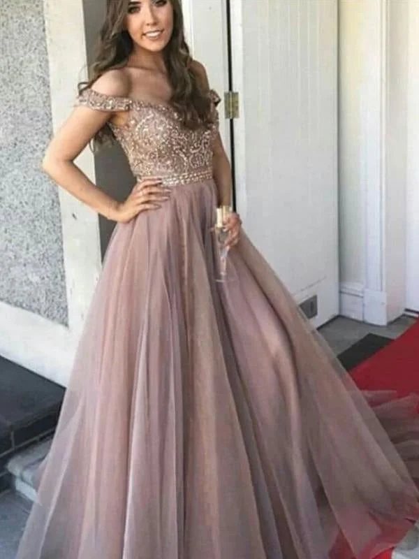 elegant formal evening dress-Sleeveless Off-The-Shoulder Floor-Length Tulle With Beading Dresses