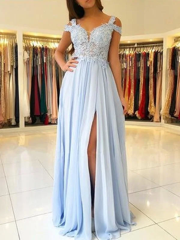 satin evening dress-Sleeveless Off-The-Shoulder Floor-Length With Applique Chiffon Dresses