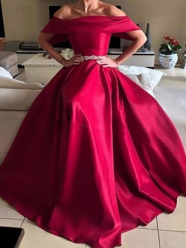 empire waist evening dress-Off-The-Shoulder Floor-Length With Sash/Ribbon/Belt Satin Dresses