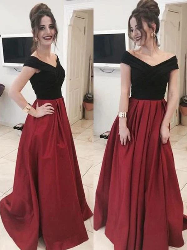 evening gown for black-tie events-Off-The-Shoulder Sweep/Brush Train With Ruffles Satin Prom Dresses