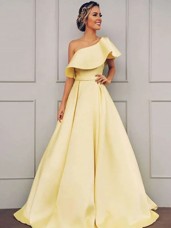 elegant evening dress with beads-A| Bridelily A-Line One-Shoulder Sweep Train With Ruffles Satin Prom Dresses