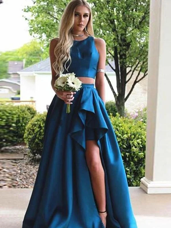 deep V-neck evening gown-A| Bridelily A-Line Sleeveless Scoop Sweep Train With Ruffles Satin Two Piece Dresses