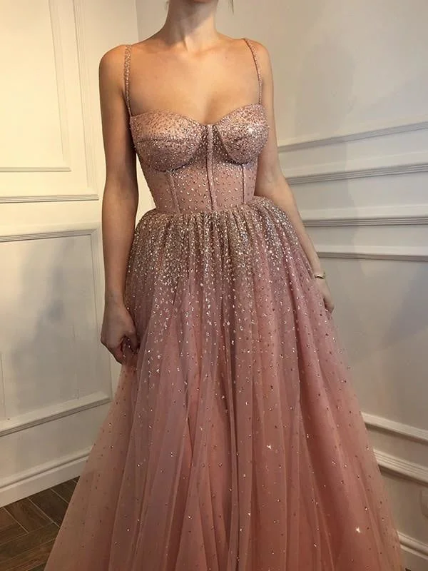 halter neck evening gown-Sleeveless Spaghetti Straps Floor-Length With Beading Tulle Dresses