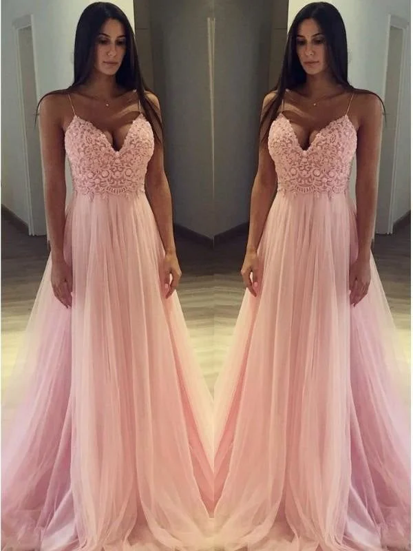 evening gown for prom-Spaghetti Straps Sweep/Brush Train With Applique Tulle Dresses