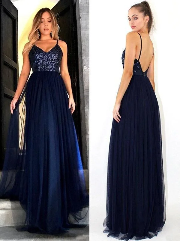 high-low evening gown-Bridelily A-Line Sleeveless Straps Floor-Length Sequin Tulle Dresses