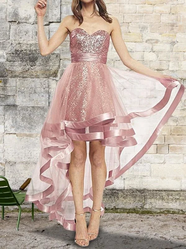 chiffon evening gown-Bridelily A-Line Sleeveless Sweetheart Asymmetrical Sequin Organza Dresses