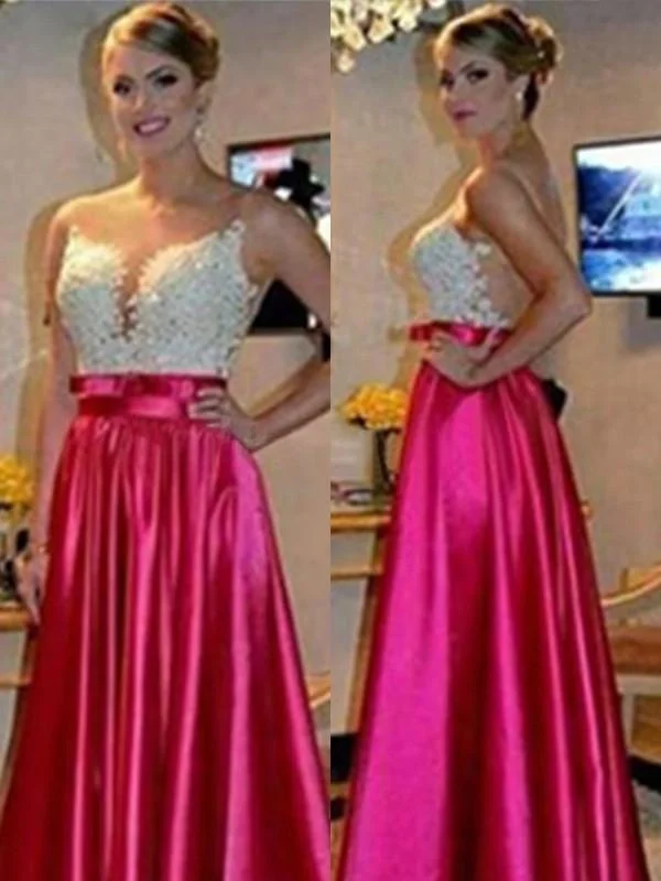 evening dress with plunging neckline-Sleeveless Sweetheart Floor-Length A-line With Applique Satin Dresses