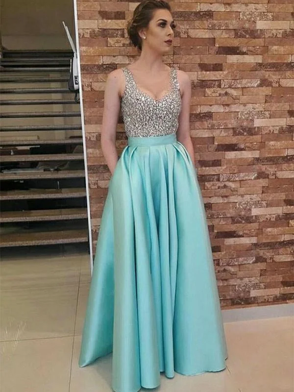 evening gown with crystals-Sleeveless V-Neck Floor-Length A-line With Beading Satin Dresses