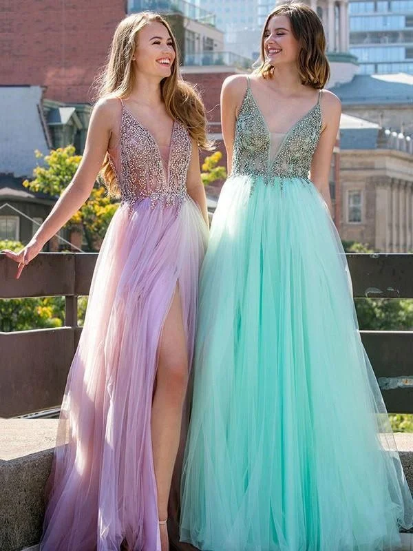 elegant ball gown evening dress-Sleeveless V-Neck Floor-Length A-line With Beading Tulle Dresses