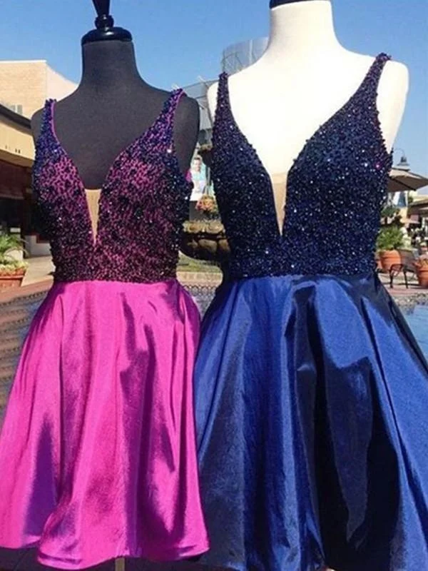 backless evening gown-Bridelily A-Line Sleeveless V-neck Satin With Beading Short/Mini Dresses