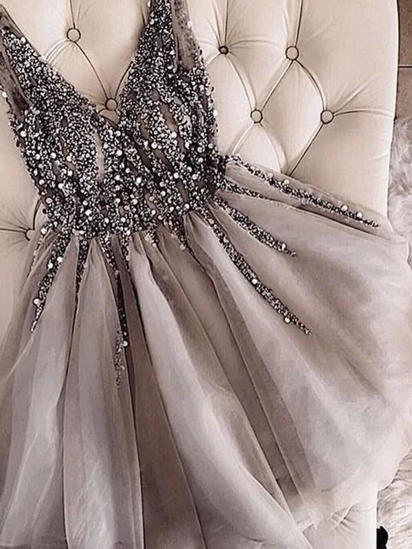 sweetheart neckline evening gown-Bridelily A-Line Sleeveless V-neck Tulle With Sequin Short/Mini Dresses