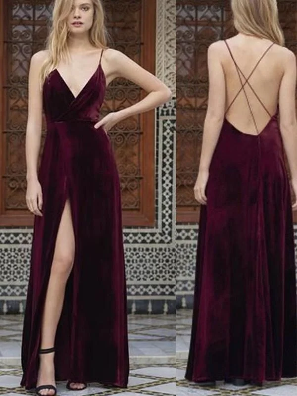 elegant velvet evening gown-Spaghetti Straps Sleeveless Floor-Length With Ruffles Velvet Dresses