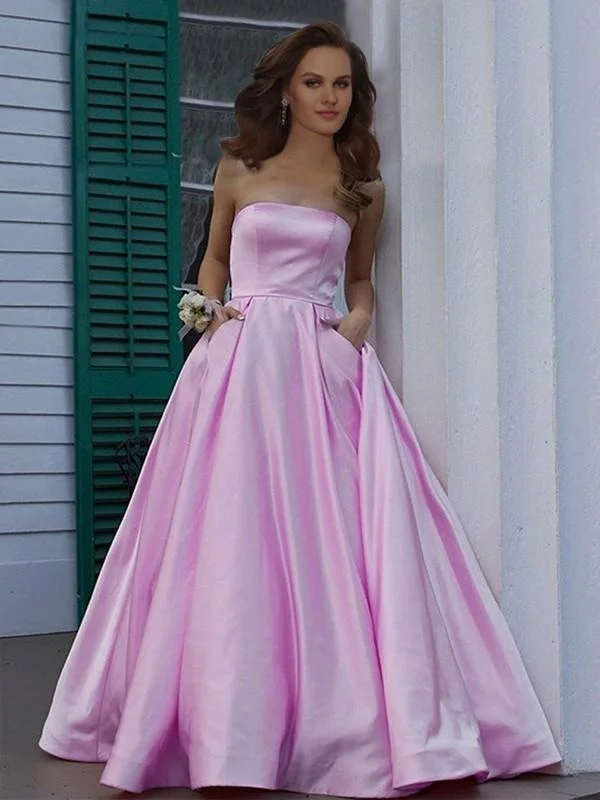 deep V-neck evening gown-Strapless Sleeveless Floor-Length A-line With Ruffles Satin Dresses