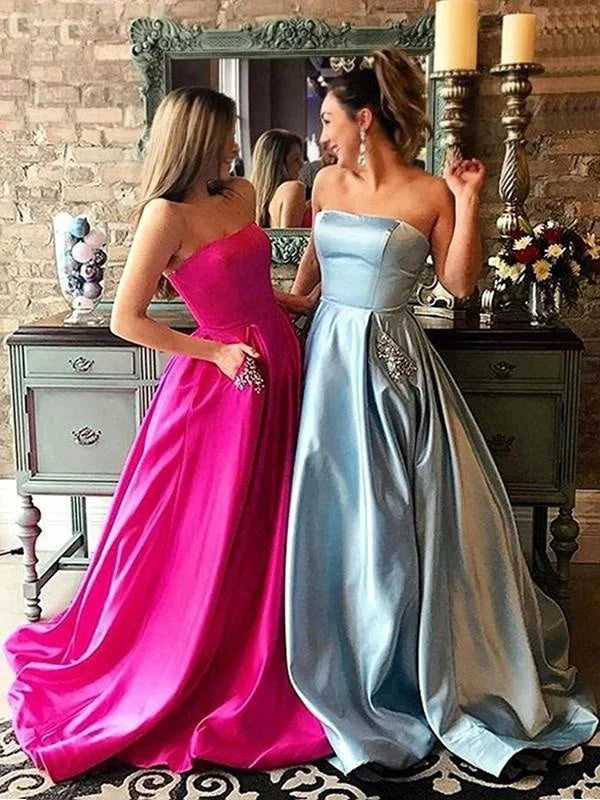 elegant cocktail evening gown-Strapless Sleeveless Sweep/Brush Train With Beading Satin Dresses