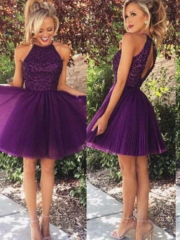 illusion neckline evening dress-Tulle Halter Sleeveless A-line Short/Mini With Beading Prom Dresses