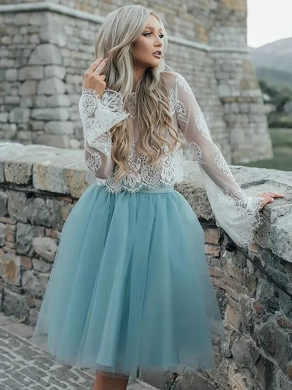 sleeveless tulle evening dress-Bridelily A-Line Tulle Scoop Long Sleeves Short/Mini With Lace Dresses