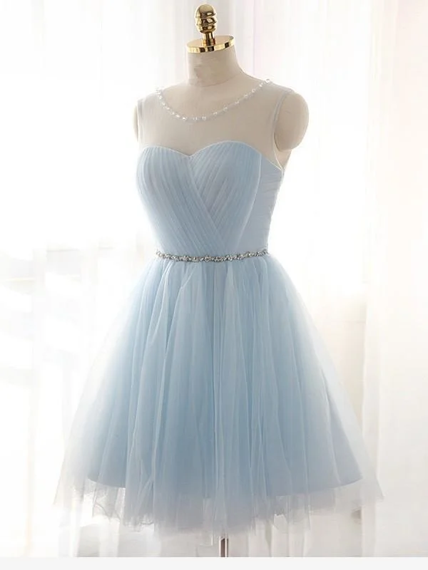 metallic evening dress-Tulle Scoop Sleeveless A-line Short/Mini With Beading Prom Dresses