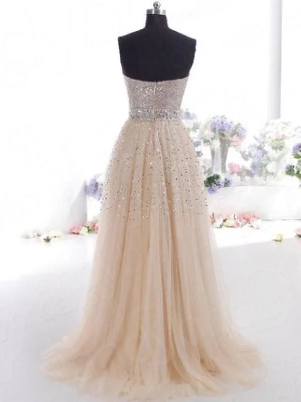 evening gown with train-Tulle Sweetheart Sleeveless A-line Floor-Length With Sequin Dresses