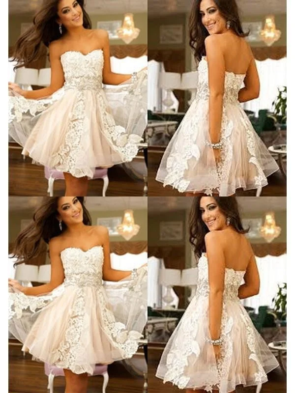 elegant cocktail evening gown-Bridelily A-Line Tulle Sweetheart Sleeveless Short/Mini With Applique Dresses