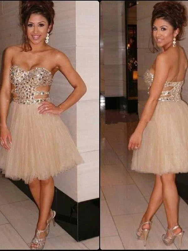 spaghetti strap evening dress-Bridelily A-Line Tulle Sweetheart Sleeveless Short/Mini With Sequin Dresses