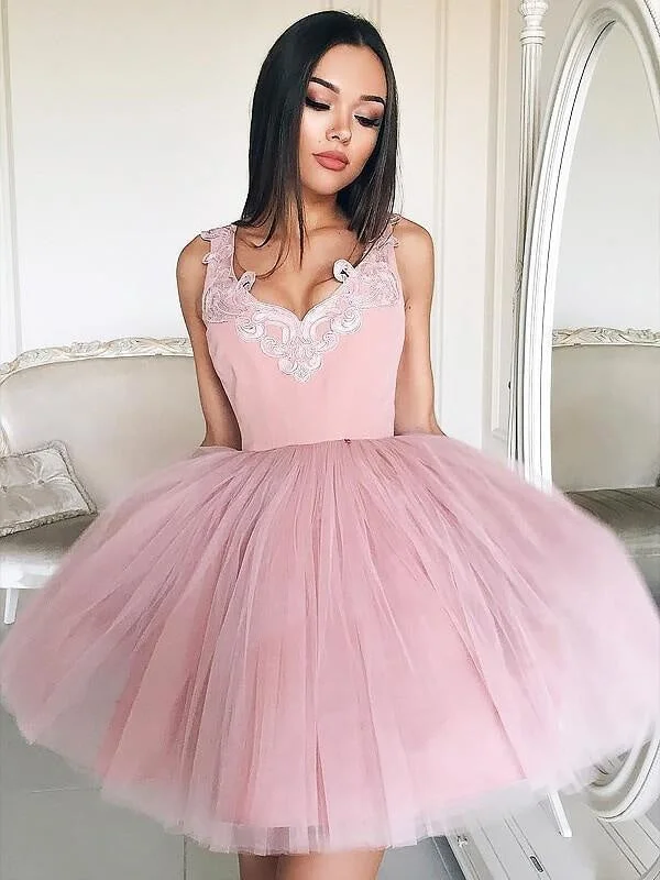 elegant evening dress with beads-Tulle V-neck Sleeveless A-line Short/Mini With Lace Prom Dresses