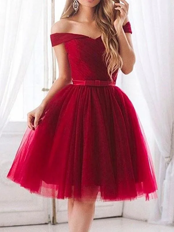 cap sleeve evening gown-Bridelily A-Line Tulle With Ruffles Off-the-Shoulder Sleeveless Knee-Length Dresses