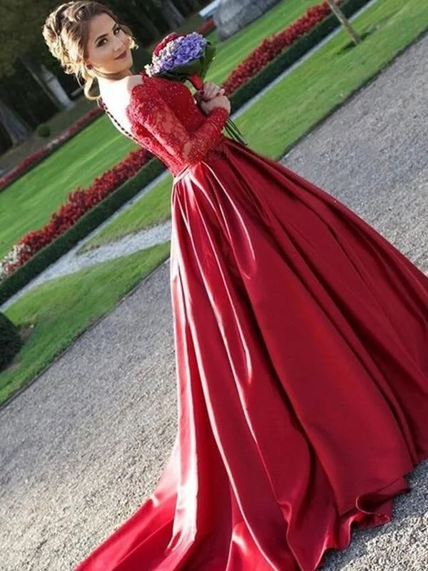 evening dress with sleeves and lace-Bridelily A-Line V-Neck Long Sleeves Sweep/Brush Train Lace Satin Dresses