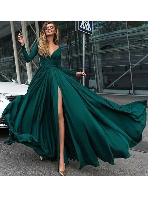 draped evening dress-V-Neck Long Sleeves Sweep/Brush Train With Ruffles Satin Dresses