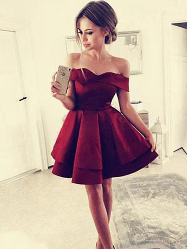 scalloped hem evening gown-Bridelily A-Line With Ruffles Satin Off-the-Shoulder Sleeveless Short/Mini Dresses