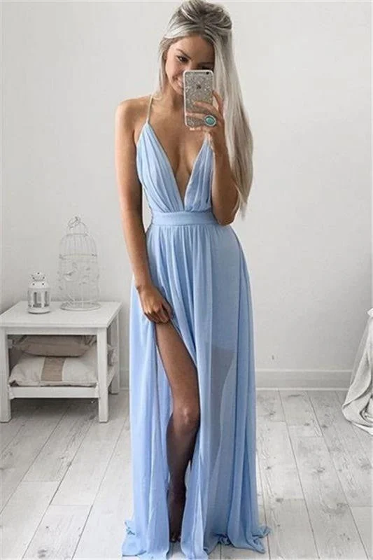 elegant lace overlay evening gown-Bridelily Deep V-neck Sexy Evening Dress Spaghetti Straps baby Blue Prom Dresses 2019 CE054