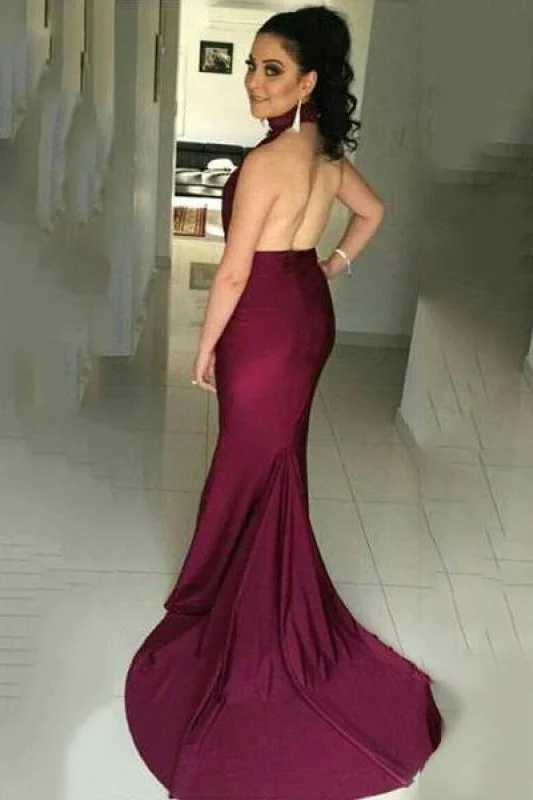 evening gown for formal events-Bridelily High Collar Simple Burgundy Evening Dress Halter Open Back Sleeveless Prom Dress