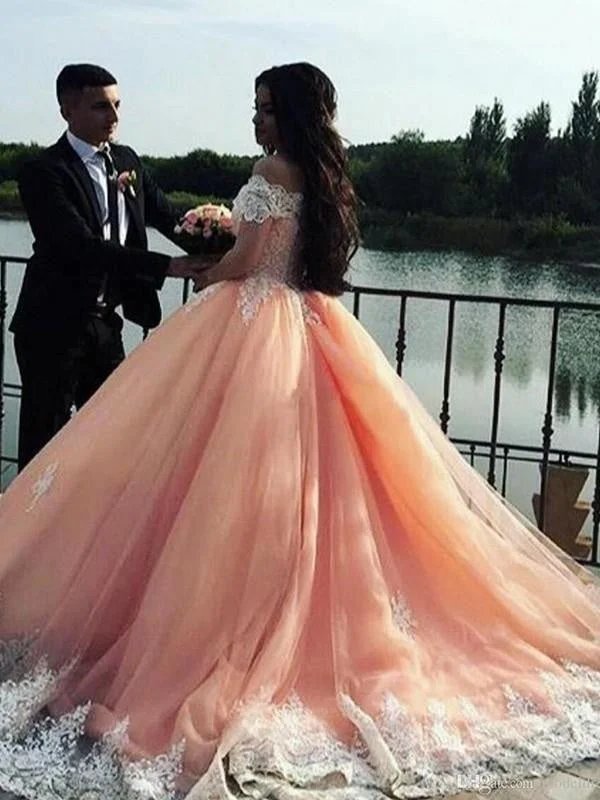 evening gown with fringe-Ball Gown Sleeveless Off-the-Shoulder Court Train Tulle Lace Dresses