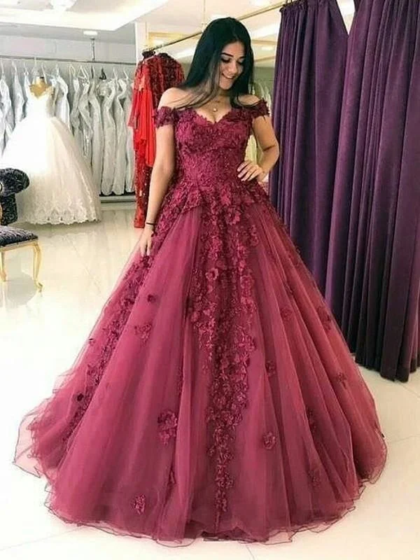 chiffon evening gown-Off-the-Shoulder Sweep/Brush Train With Applique Tulle Prom Dresses