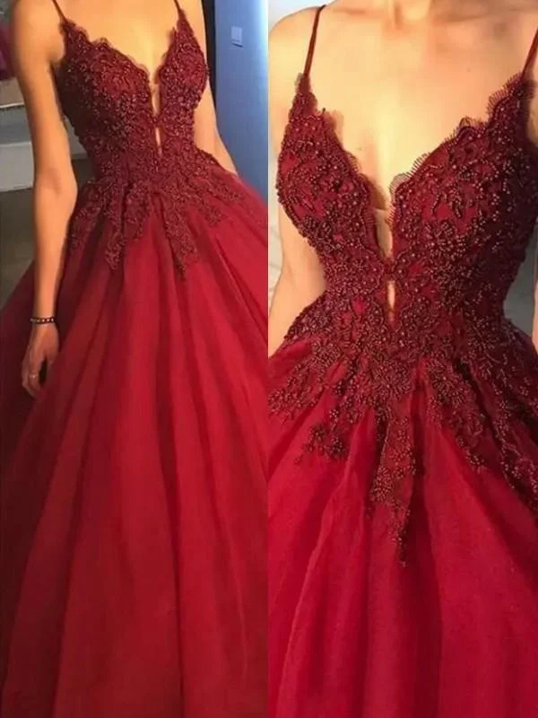 elegant evening gown with train-Bridelily Ball Gown Sleeveless Spaghetti Straps Sweep/Brush Train With Applique Tulle Dresses