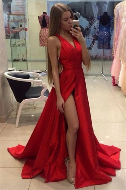 elegant evening gown with train-Bridelily Sexy Side Slit Prom Dresses Cheap V-neck Stretch Satin 2019 Evening Gowns CE0015